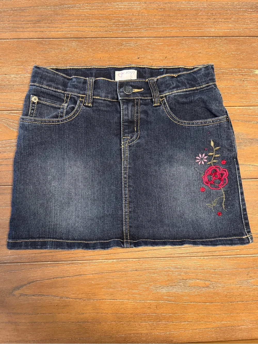 1989 Place Dark Blue Denim Skirt with Red Floral Embroidery #2